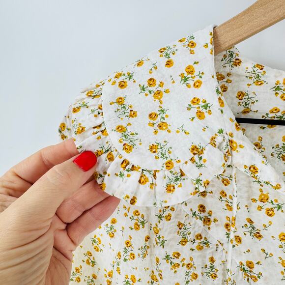 MNG Mango Floral Ruffle Collar Blouse Cream Yellow Ditsy Print Top Size 2 - Picture 4 of 8